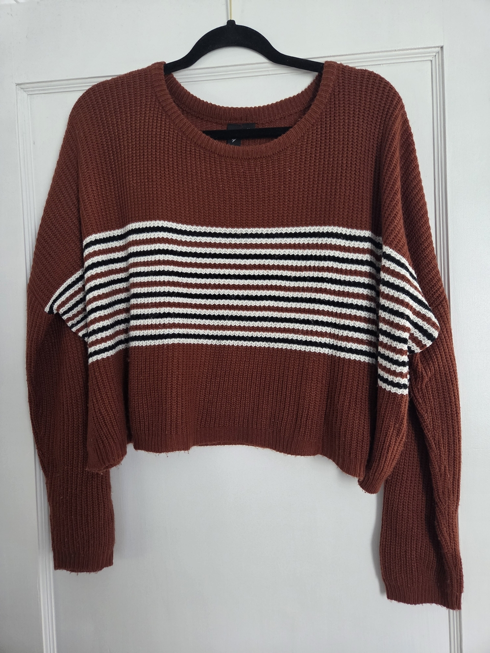 Windsor Rust Cropped Crewneck Sweater with White & Black Stripes